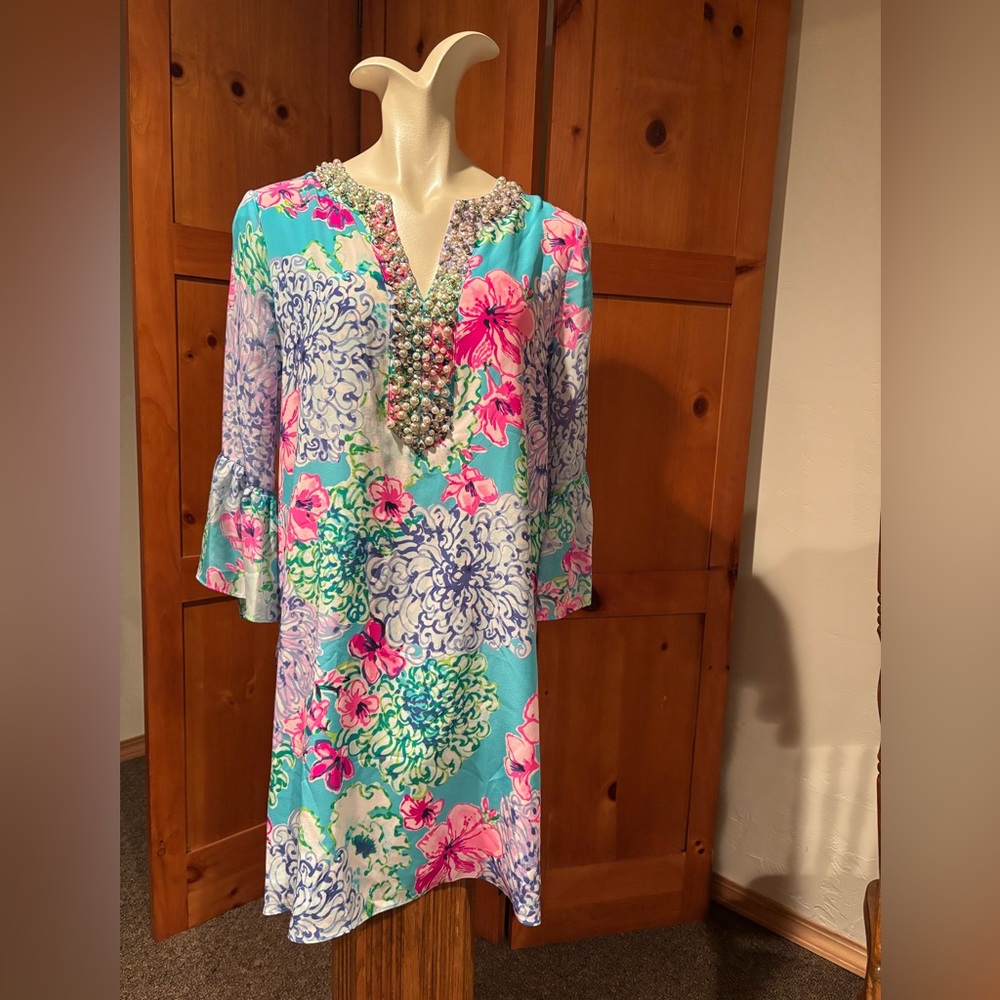 Lilly Pulitzer ELENORA SILK DRESS Caftan Special Delivery with Pearl Crystals M
